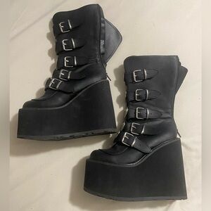 Demonia Black Five-Buckle Platform Ankle Boots